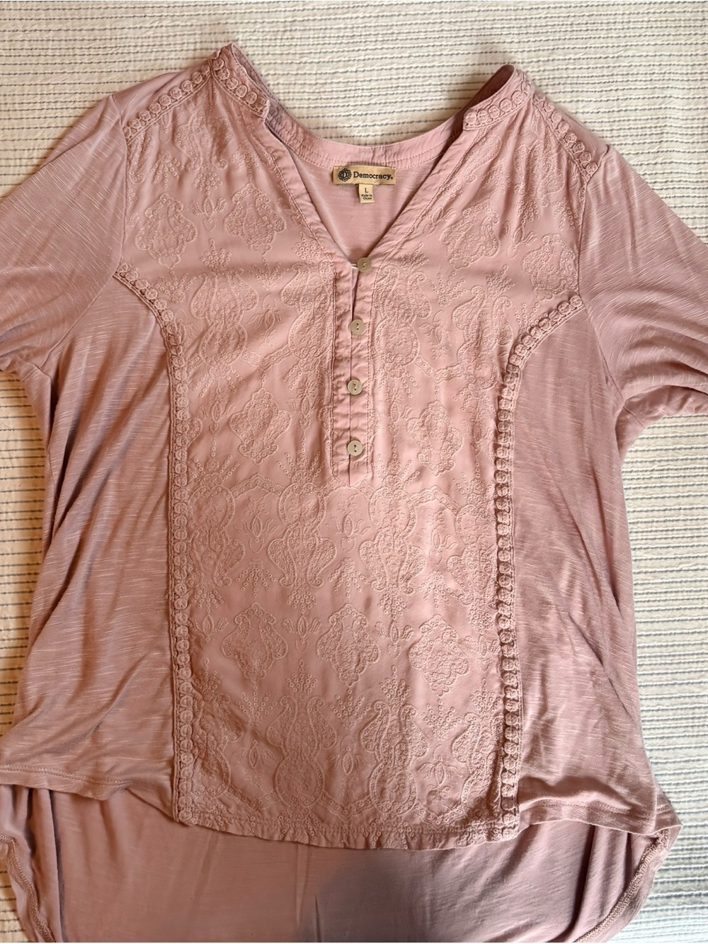 Democracy Blush Pink Short-Sleeve Embroidered Henley